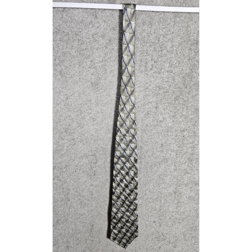 Vintage Milano Uomo Silk Tie Made in USA Geometric Green Blue Gray Brown Pointed